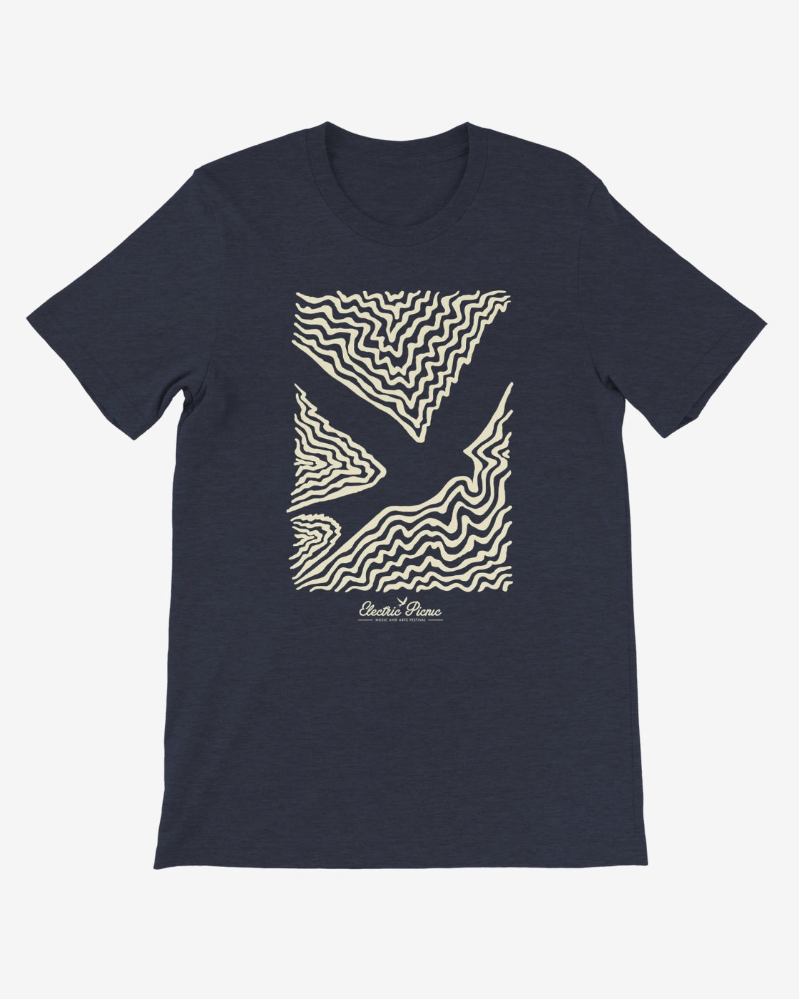 Navy blue t-shirt with abstract white pattern on a white background