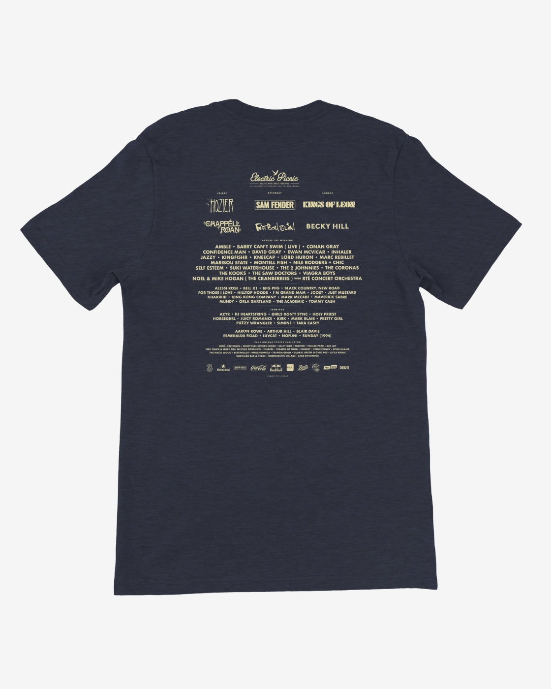 Navy blue t-shirt with white text on the back on a white background