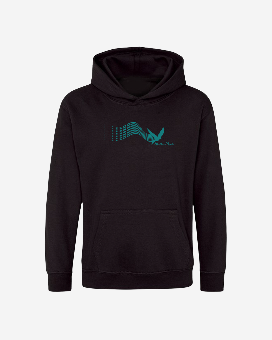 The Electric Picnic Swallow Stripes Kids Hoodie is a black hoodie with a teal bird graphic and stripes on the chest, featuring a front kangaroo pocket and drawstring hood.