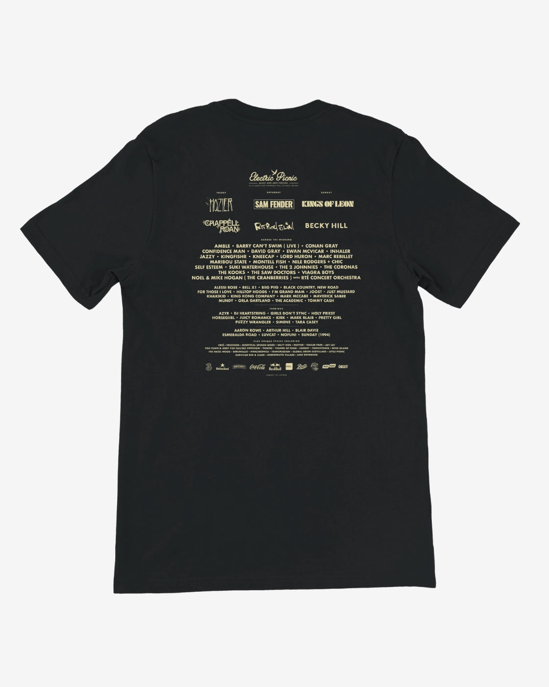 Black t-shirt with white text on the back on a white background