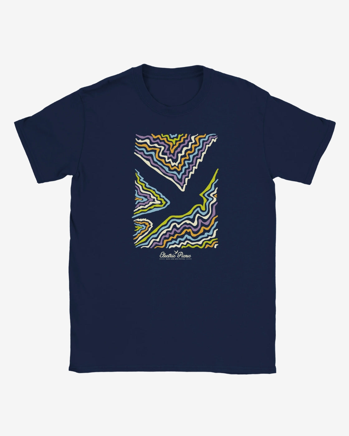 Navy blue t-shirt with colorful abstract design on a white background