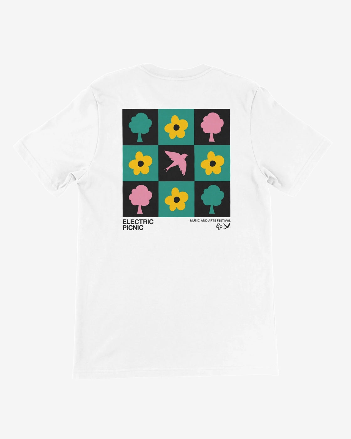 White t-shirt with colorful geometric pattern on a white background