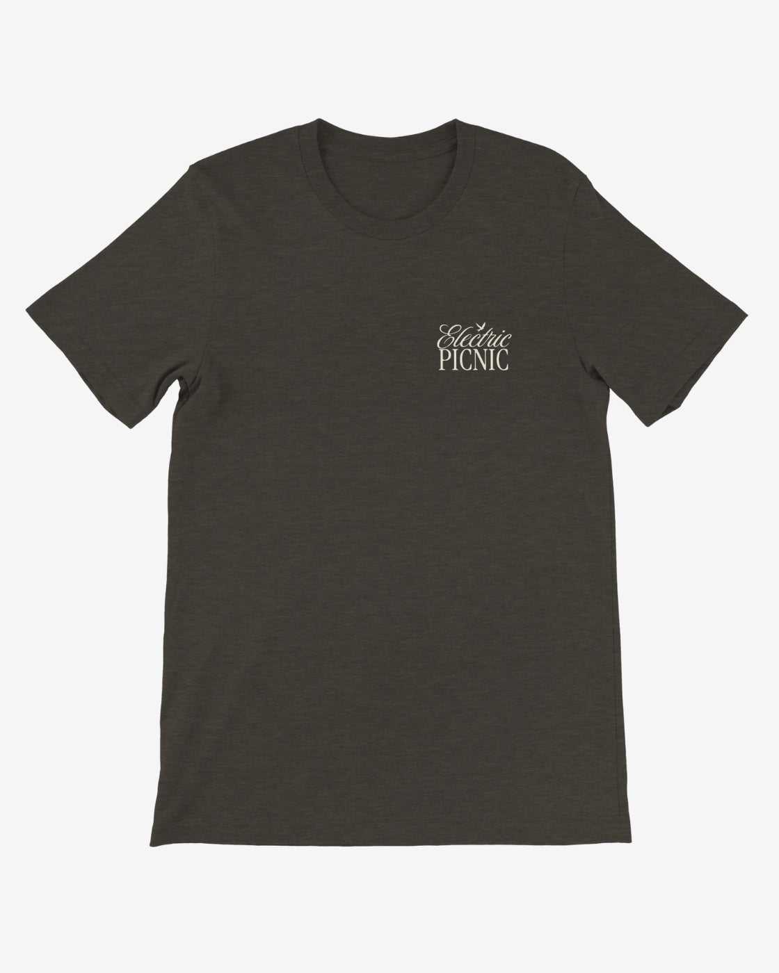 Dark gray t-shirt with 'Electric Picnic' text on a white background