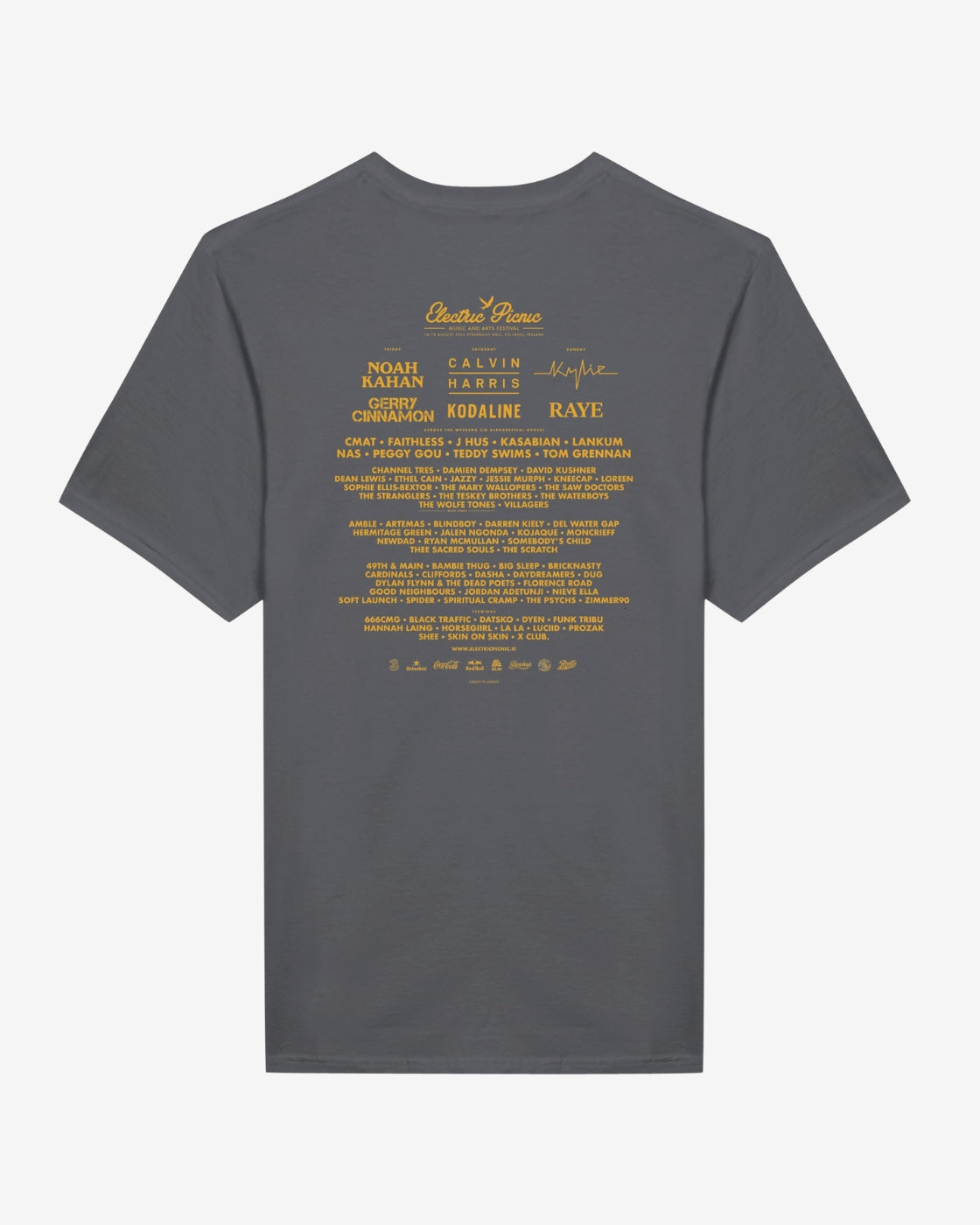 The Electric Picnic Diamond Burst 2024 Line-Up T-Shirt is a gray, ringspun cotton short-sleeve featuring Curated by Connor and names like Noah Kahan, Calvin Harris, Kodaline, and Raye in yellow on the back, plus other artists and small logos.