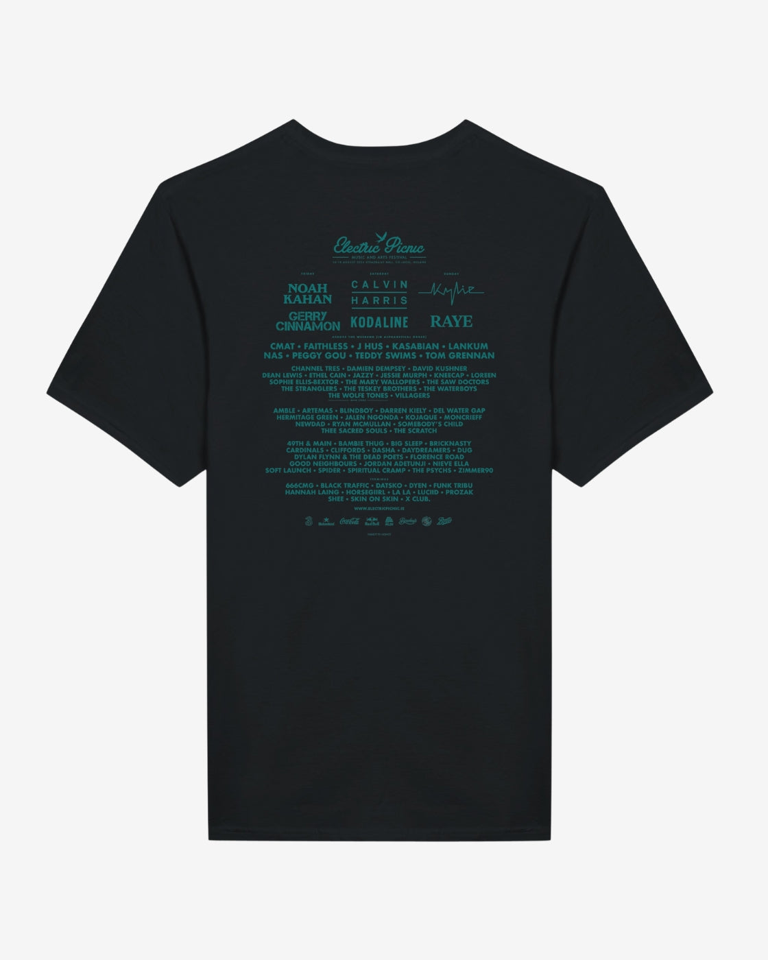 The Electric Picnic Spiral Swallow 2024 Line-Up Black T-Shirt features turquoise text listing artists’ names, a “Charlie Puth” signature at the top, and event details on the back—all premium DTG printed on ringspun cotton.