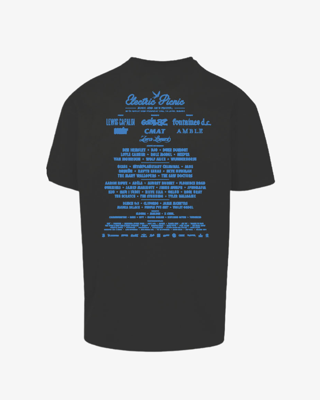 Black Click & Collect 2026 Neon Nature Event T Shirt by EP 2026 Click & Collect, featuring the festival lineup printed on the back in blue and white text with performing artists and bands displayed in various font sizes.