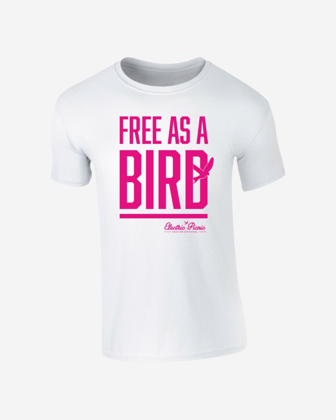 The Electric Picnic Kids White Free Bird T-Shirt features bold pink "FREE AS A BIRD" text with a bird graphic inside the D and "Electric Picnic" in cursive below.