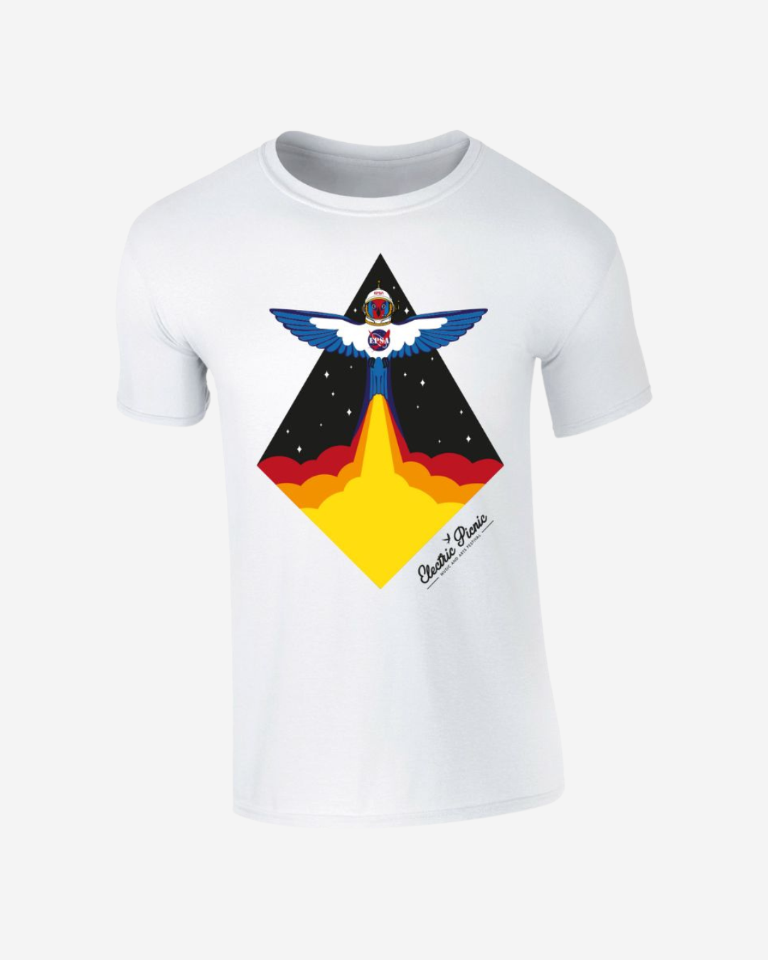 The Electric Picnic Kids White Rocket T-Shirt features a colorful bird with outstretched wings soaring on a yellow-orange rocket plume against a night sky and triangle, with "Classic Peace" near the bottom.