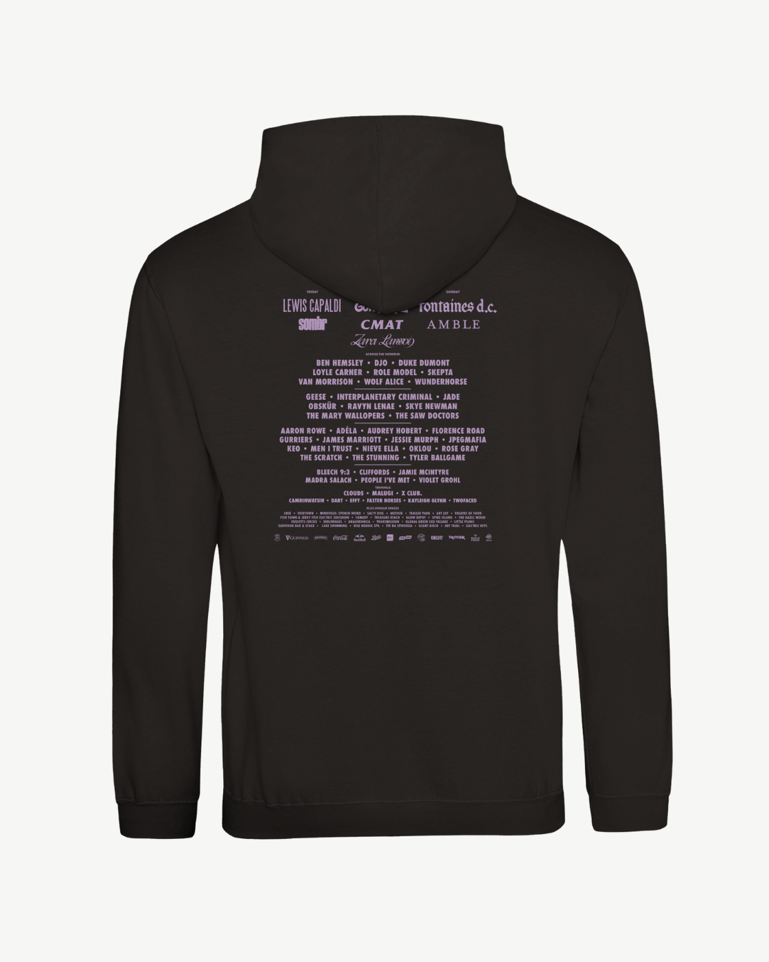 The 2026 Swallow Monogram Event Hoodie by Electric Picnic is shown from the back, featuring several rows of pink and white text listing artists, bands, and sponsors in a centered, tour-style format. Crafted from soft ringspun cotton for exceptional comfort and durability, this made-to-order garment offers a classic unisex fit.