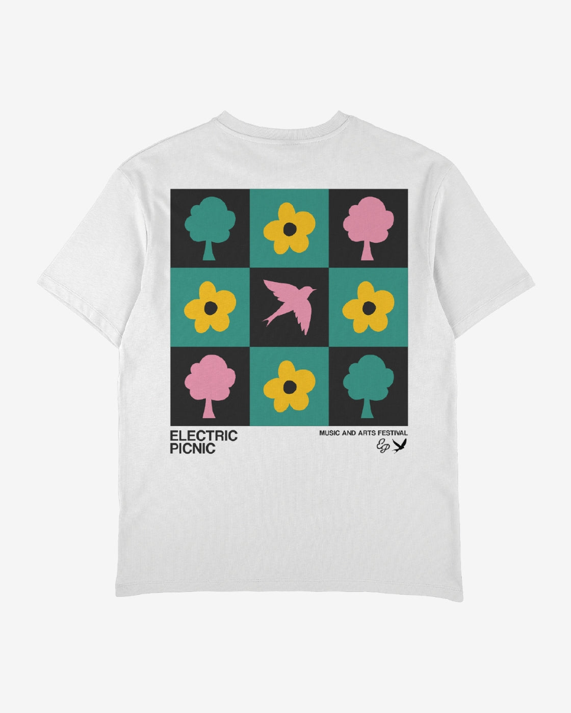 White t-shirt with colorful graphic design on a white background