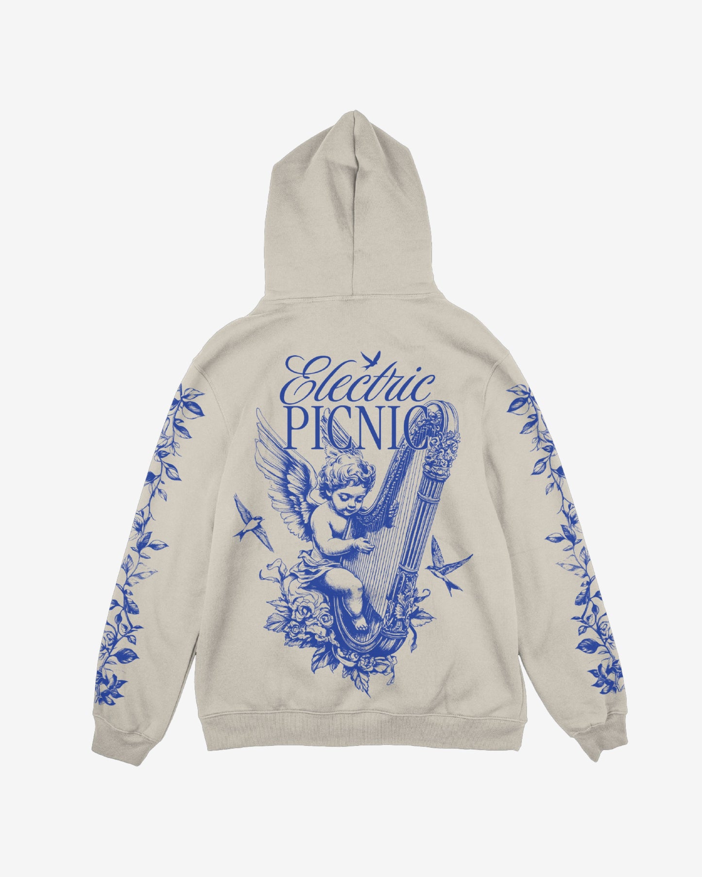 The Cherub Harp Hoody by Electric Picnic is a beige hoodie with blue designs of a cherub playing a lyre, surrounded by flowers and birds. Electric Picnic features above the cherub, with blue floral and bird sleeve patterns.