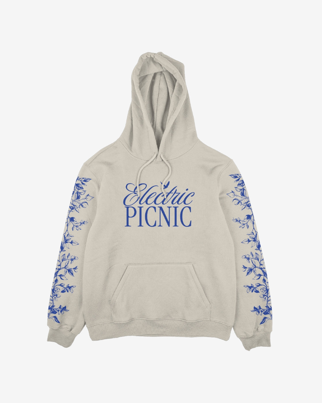 The Cherub Harp Hoody by Electric Picnic is a light beige hoodie featuring large blue script Electric Picnic on the front and blue floral designs down both sleeves.