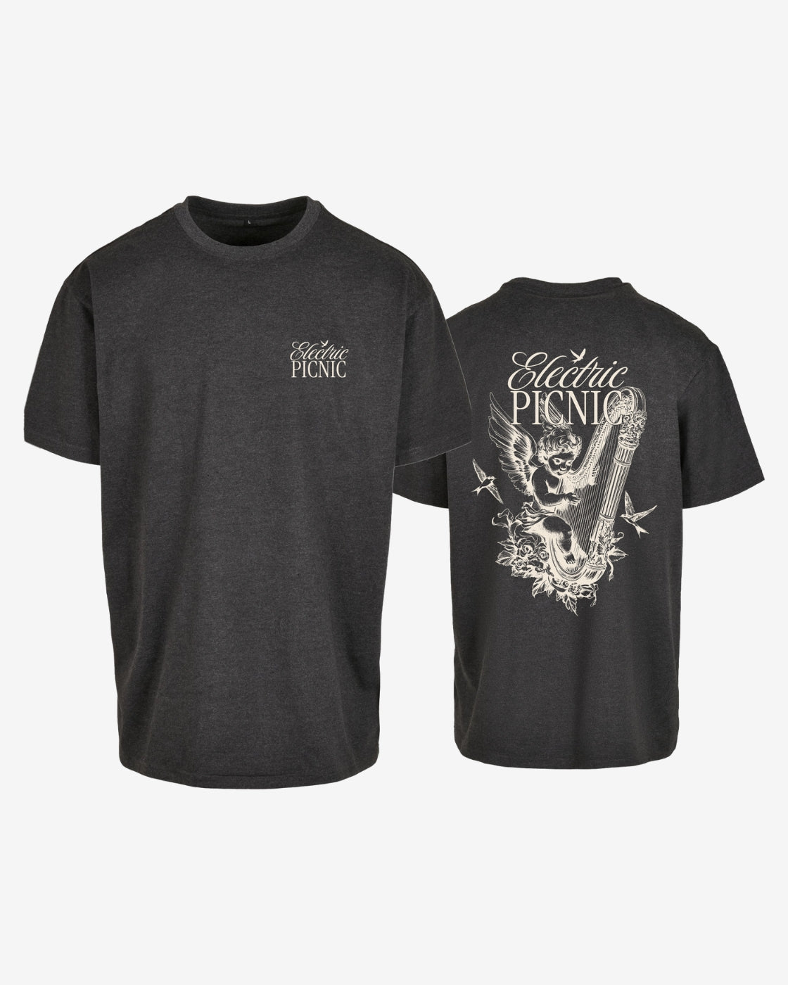 Two views of the Cherub Heart T-shirt by Electric Picnic: the front shows a small logo on the chest, while the back features a large graphic with a guitar, wings, and skull under Electric Picnic. Order now to add this standout tee to your collection.