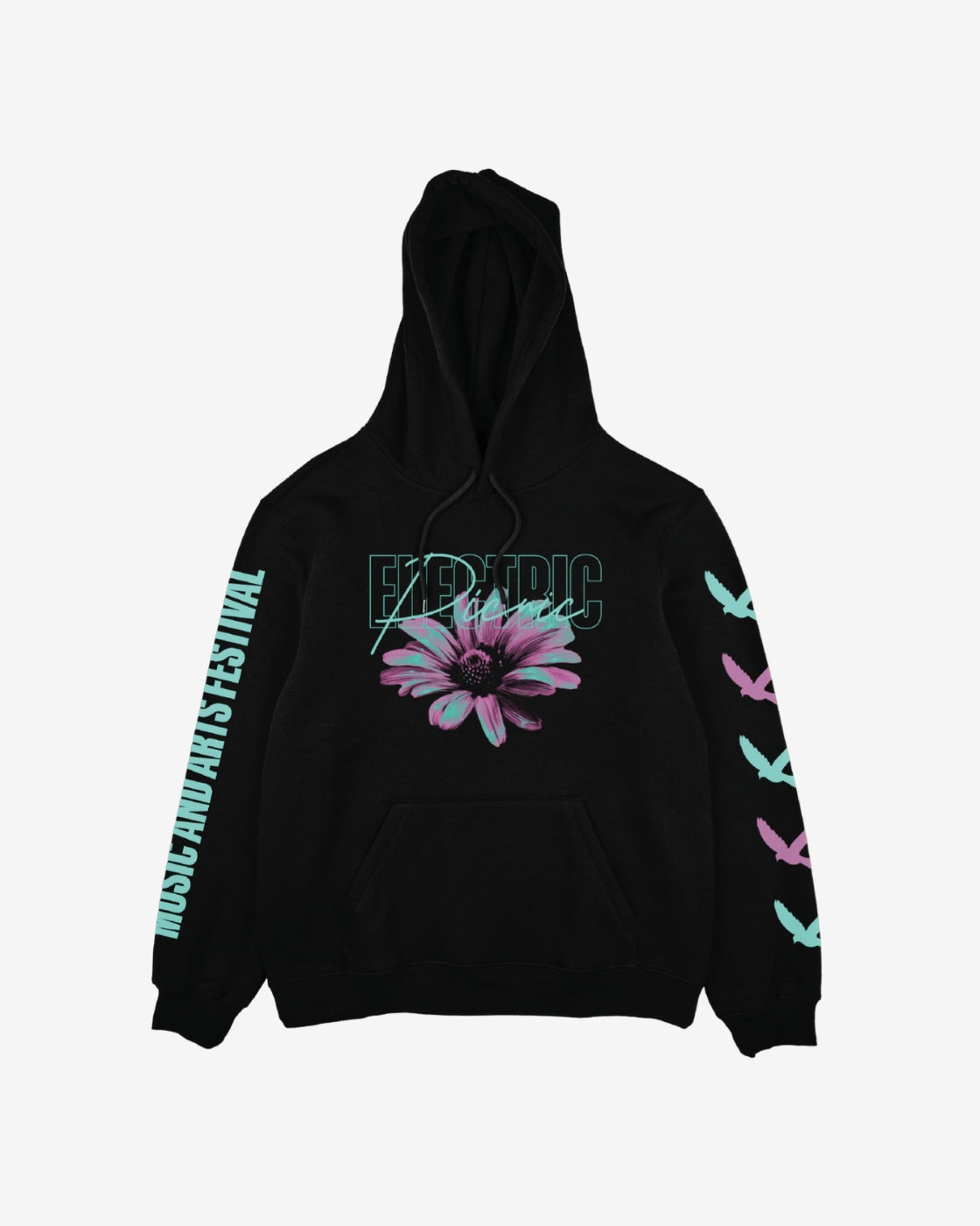 The Electric Picnic Electric Flowers Hoody is a black hoodie with a large purple flower and ELECTRIC text on the front, MUSIC AND ARTS FESTIVAL on one sleeve, and blue bird silhouettes on the other.