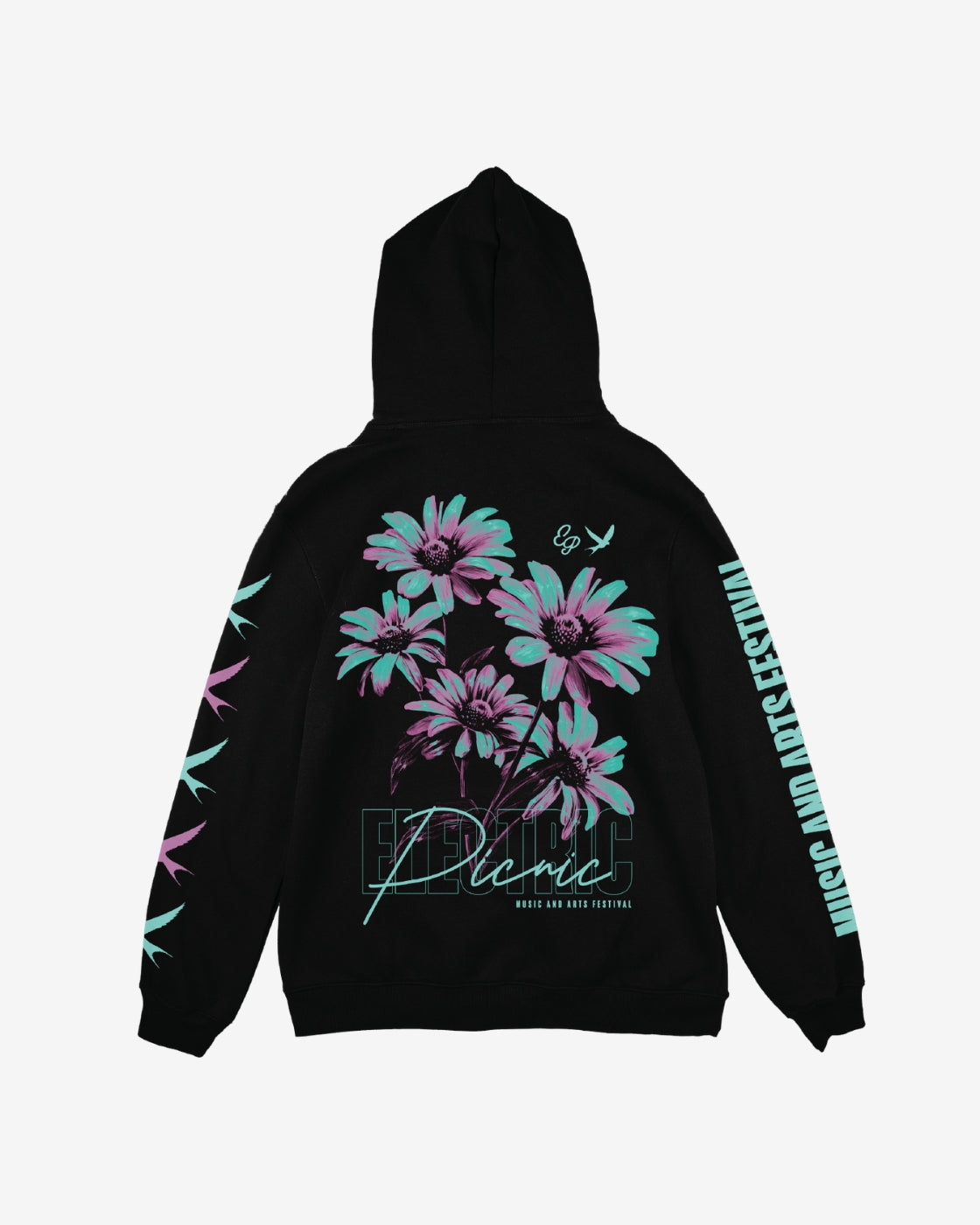 The Electric Flowers Hoody by Electric Picnic is a black hoodie with large purple and teal daisies and Electric text on the back, sleeve flower designs, and Music and Arts Festival on one arm.
