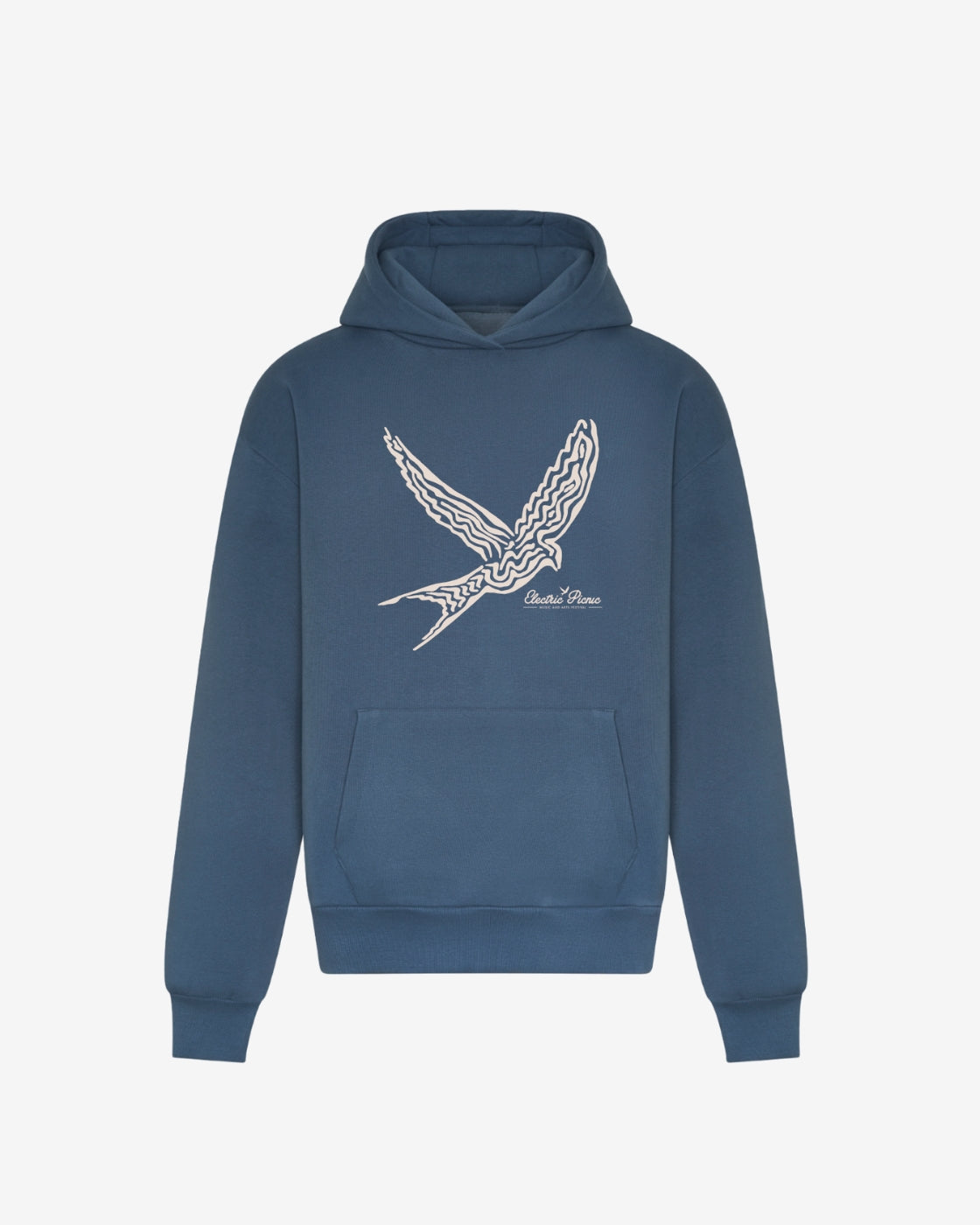 The Blue Event Hoodie by Electric Picnic features a large stylized bird graphic, small cursive text on the chest, front pocket, and ribbed cuffs and hem.