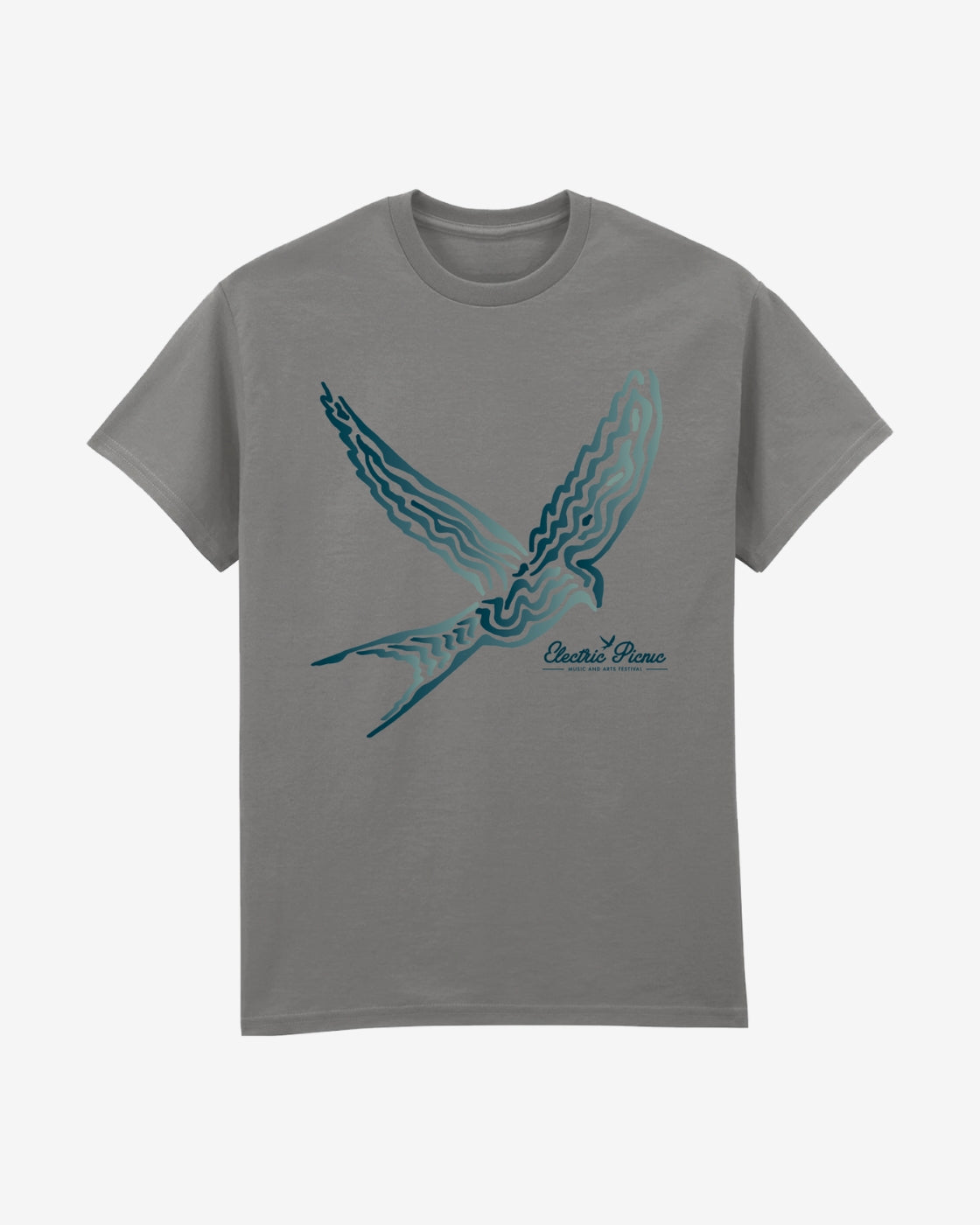 Grey Event T-shirt by Electric Picnic, featuring a large stylized teal bird in flight and Electric Grace written in cursive beneath its wings.