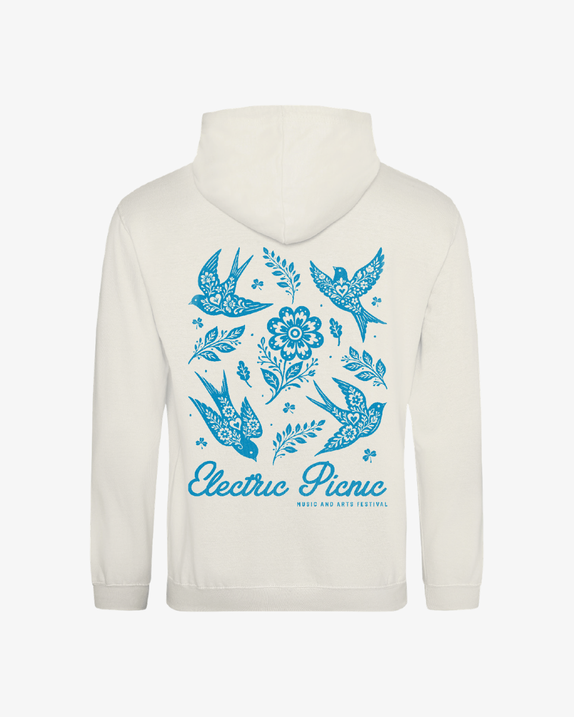 An off-white hooded sweatshirt shown from the back, featuring a blue graphic print of birds, flowers, and the text 'Electric Picnic' with smaller 'MELBOURNE 2026 RETRO FESTIVAL' underneath.