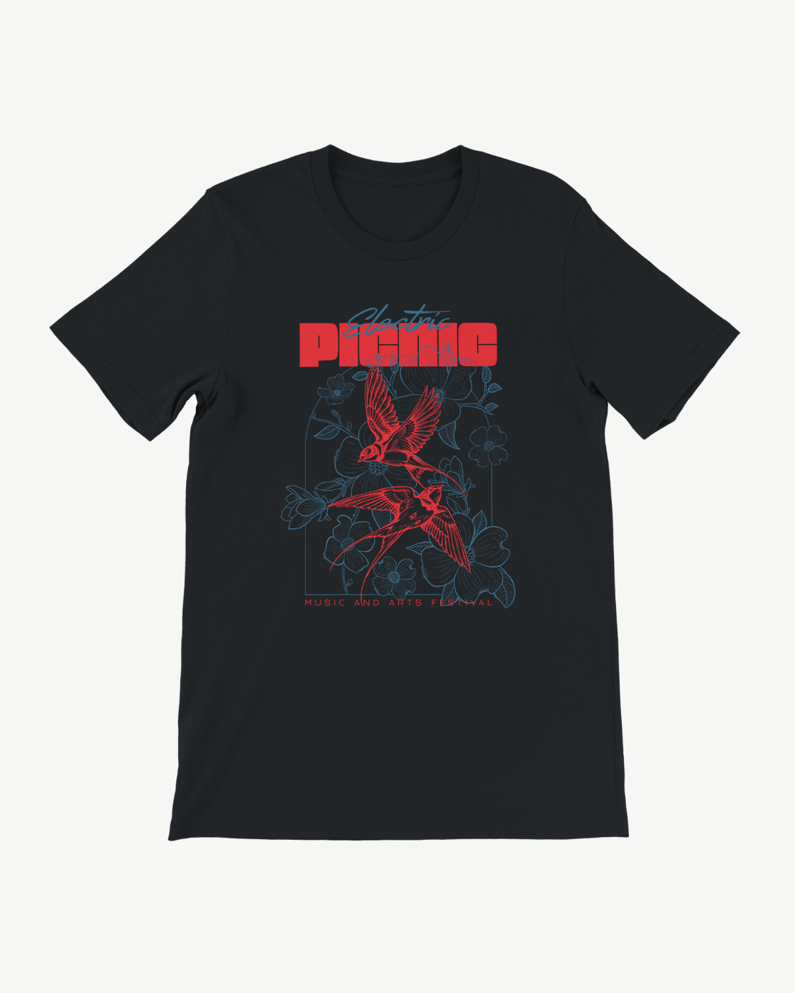 The 2026 Neon Nature Event T Shirt by Electric Picnic is a black, eco-friendly, made-to-order tee featuring a red and blue graphic of birds, flowers, and a skull. Red text at the top reads “PICNIC,” with “Music and Arts Festival” printed below. Designed with a unisex tailored fit for maximum comfort and style.