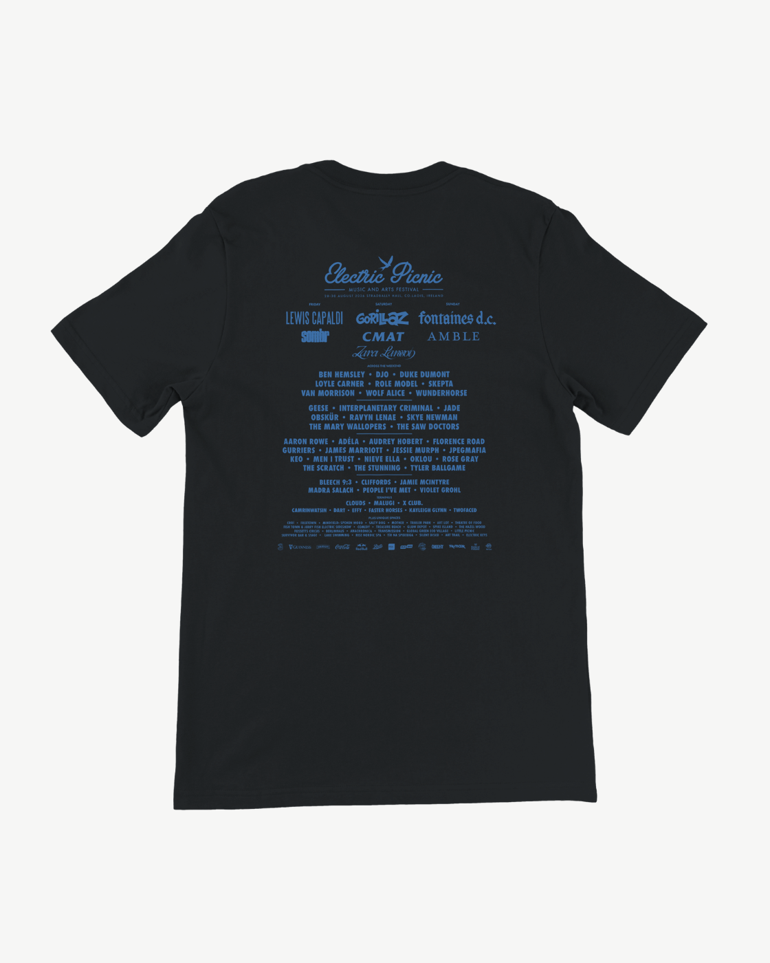 Introducing the Electric Picnic 2026 Neon Nature Event T Shirt: a black made-to-order tee featuring the festival’s logo at the top and the vibrant 2026 lineup printed in striking blue text on the back, highlighting all headliners and performers across multiple rows. This unisex tailored fit shirt combines both style and comfort, making it an essential choice for any music fan.