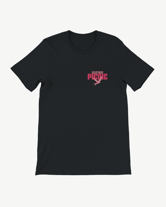 Introducing the Electric Picnic Electric Tree T Shirt—a black unisex tailored fit tee featuring a small pink ELECTRIC PICNIC logo and a flying bird graphic on the left chest. Made from premium, super-soft Airlume combed cotton, this eco-friendly t-shirt blends comfort and style effortlessly.