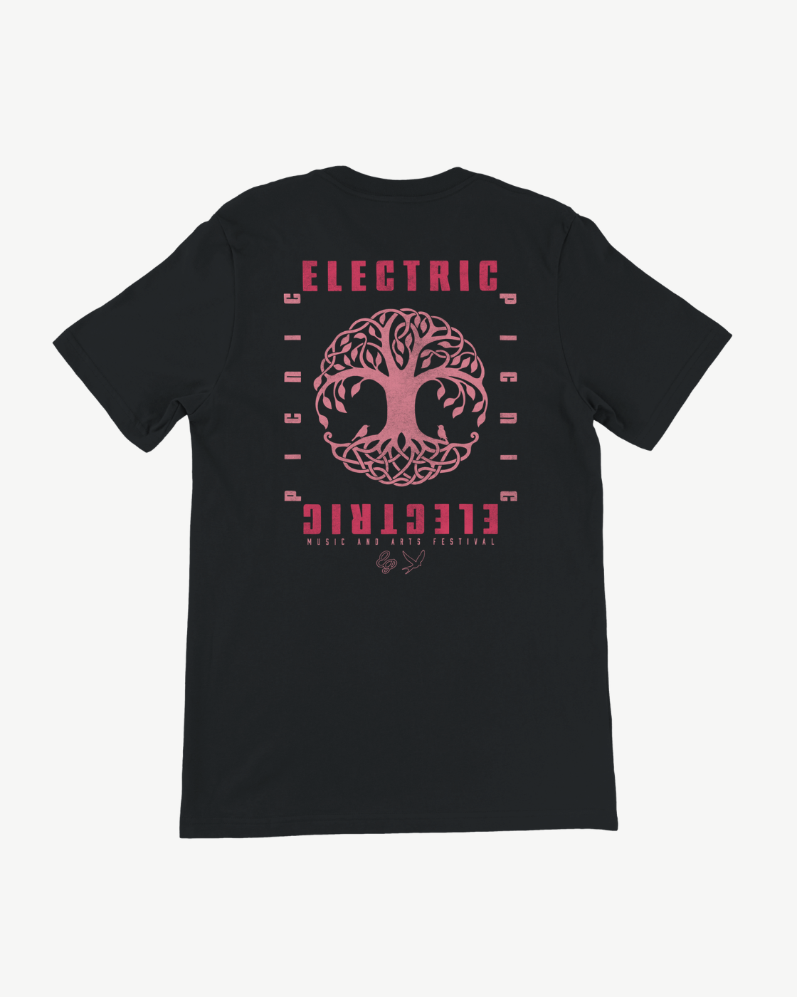 Introducing the Electric Picnic “Electric Tree T Shirt”—a black unisex tee featuring a striking pink tree graphic, with “Electric Picnic” boldly printed above and below, and “Music and Arts Festival” in subtle lettering underneath. Made from eco-friendly Airlume combed cotton for a tailored fit, this shirt blends comfort and style—perfect for festival enthusiasts.
