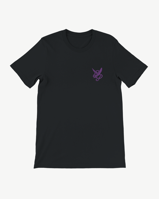 The Electric Picnic 2026 Swallow Monogram Event T Shirt is a black eco-friendly, made-to-order unisex tee with a tailored fit for comfortable everyday style, featuring a small purple bee and the letters “bp” on the left chest area, displayed on a white background.