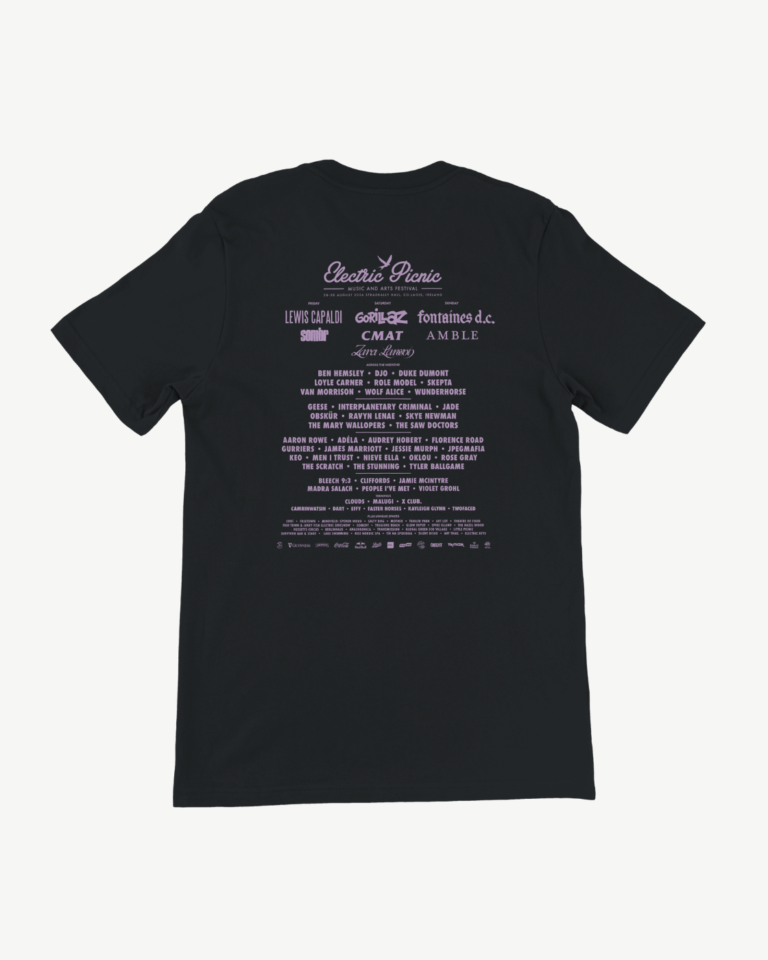 Introducing the 2026 Swallow Monogram Event T Shirt by Electric Picnic. This black, unisex tailored fit tee features “Electric Picnic” prominently in purple at the top, with multiple lines of purple artist and sponsor names underneath—emulating a classic music festival lineup. Made to order, it offers personalized comfort and style.