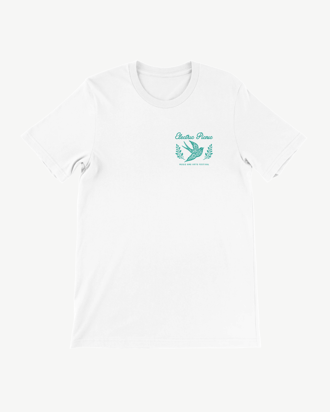 The Floral Swallows T Shirt by Electric Picnic features a white short-sleeve design with green text and a laurel graphic on the left chest that reads, “Creative Power, Made with Love and Effort.” This unisex tailored-fit, made-to-order t-shirt combines comfort and style.