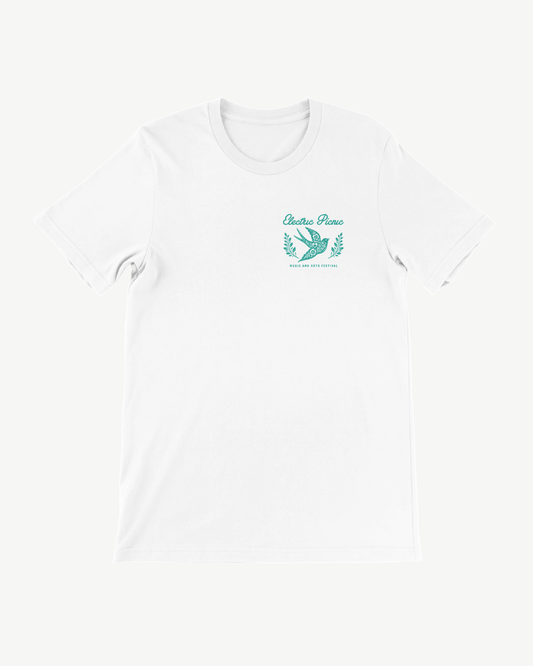 The Floral Swallows T Shirt by Electric Picnic features a white short-sleeve design with green text and a laurel graphic on the left chest that reads, “Creative Power, Made with Love and Effort.” This unisex tailored-fit, made-to-order t-shirt combines comfort and style.