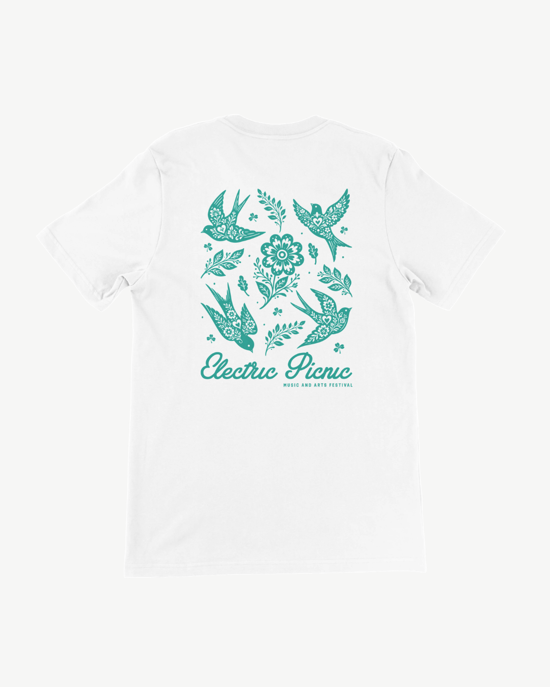 The Floral Swallows T Shirt by Electric Picnic features teal bird, flower, and leaf illustrations on the back, with “Electric Picnic Music and Arts Festival” printed below. This eco-friendly, made-to-order tee offers a unisex tailored fit for both comfort and style.