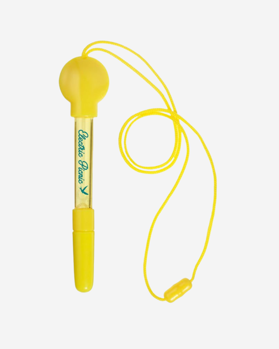 A yellow Electric Picnic Bubbles wand with a round cap, clear handle labeled Electric Picnic, and an attached yellow string with a plastic clasp.