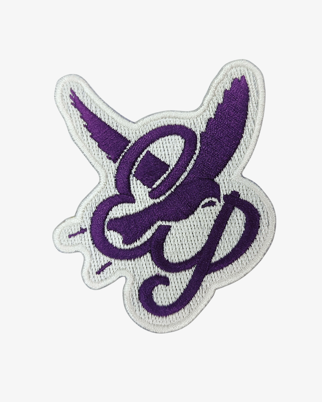The Click & Collect Patch Set by EP 2026 Click & Collect features an embroidered patch showcasing a stylized purple bird and entwined letters “P” and “D” set against a white background.