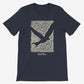Navy blue t-shirt with abstract white pattern on a white background