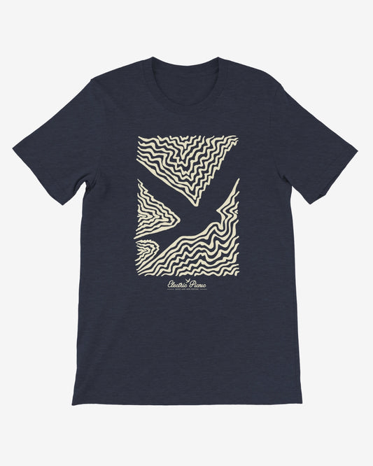 Navy blue t-shirt with abstract white pattern on a white background