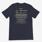 Navy blue t-shirt with white text on the back on a white background