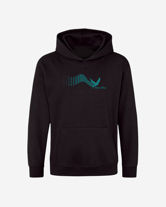 The Electric Picnic Swallow Stripes Kids Hoodie is a black hoodie with a teal bird graphic and stripes on the chest, featuring a front kangaroo pocket and drawstring hood.