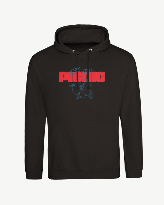 Elevate your wardrobe with the Neon Nature Hoodie by Electric Picnic—a classic unisex black hoodie crafted from soft Ringspun Cotton for lasting comfort. This made-to-order piece features bold red “PANIC” text on the front, with delicate blue script above and a subtle blue flower outline behind. Designed with a convenient front pocket, it’s perfect for those who appreciate standout style and quality craftsmanship.