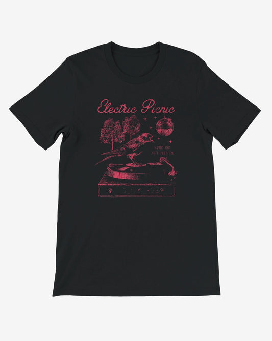 Black t-shirt with red graphic design and 'Electric Picnic' text on a white background