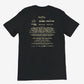 Black t-shirt with white text on the back on a white background