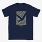 Navy blue t-shirt with colorful abstract design on a white background