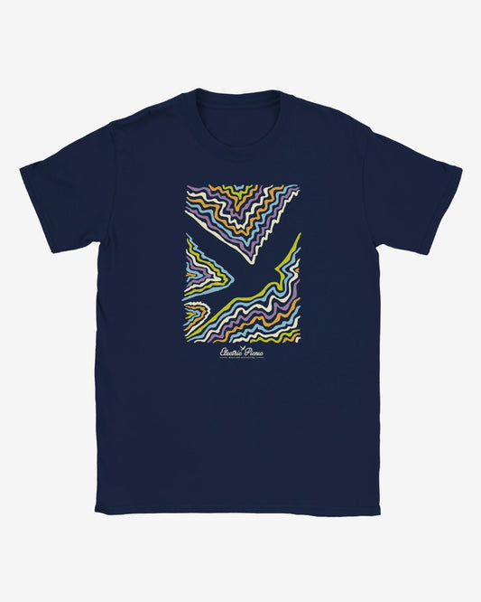 Navy blue t-shirt with colorful abstract design on a white background