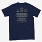 Navy blue t-shirt with white text on the back against a light gray background