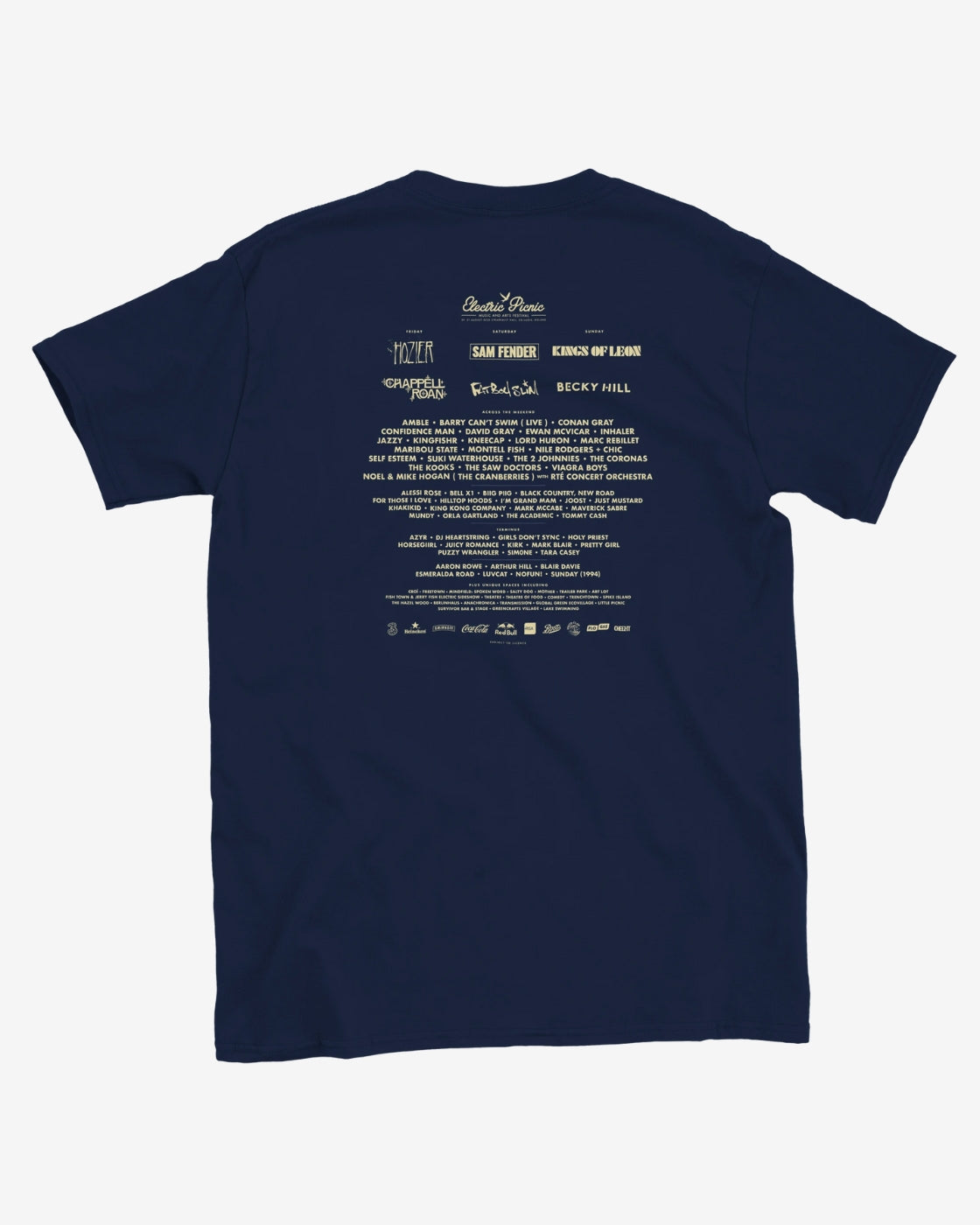 Navy blue t-shirt with white text on the back against a light gray background