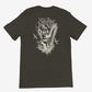 Black t-shirt with white graphic design on a white background