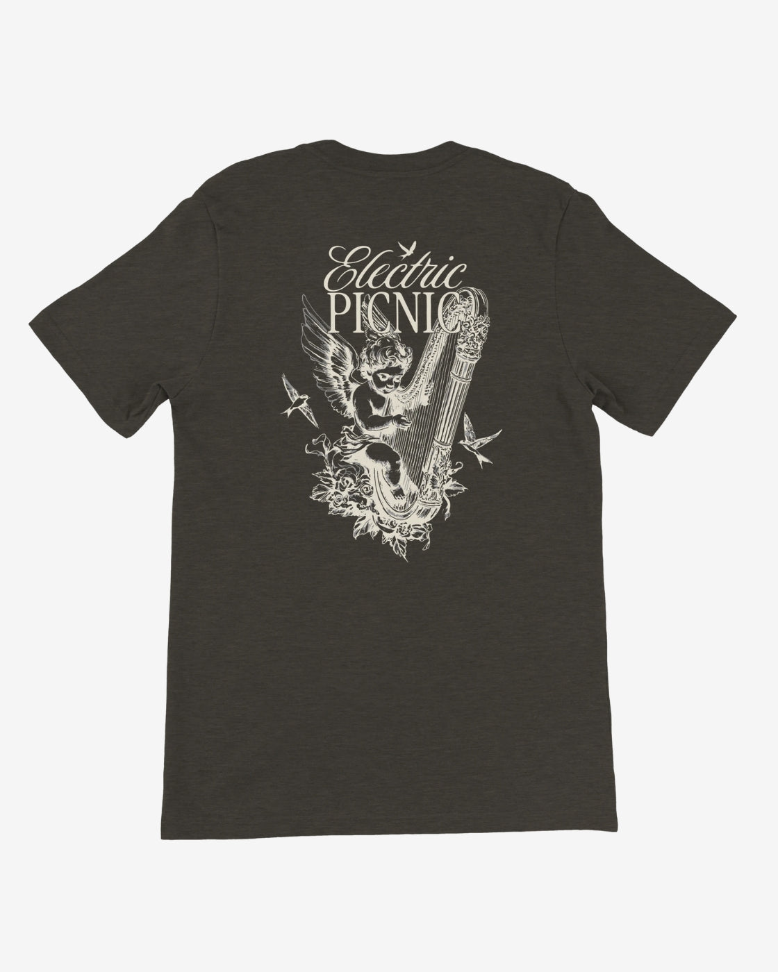 Black t-shirt with white graphic design on a white background