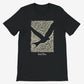 Black t-shirt with white abstract pattern on a white background