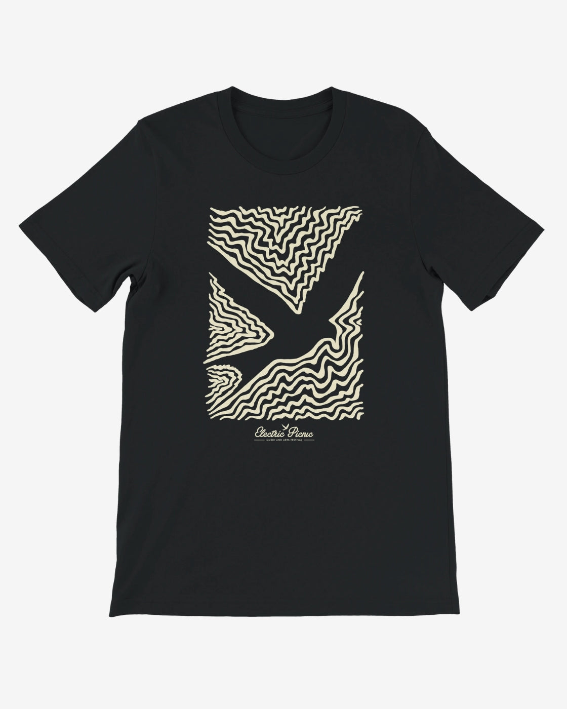 Black t-shirt with white abstract pattern on a white background