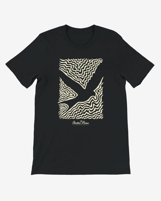 Black t-shirt with white abstract pattern on a white background