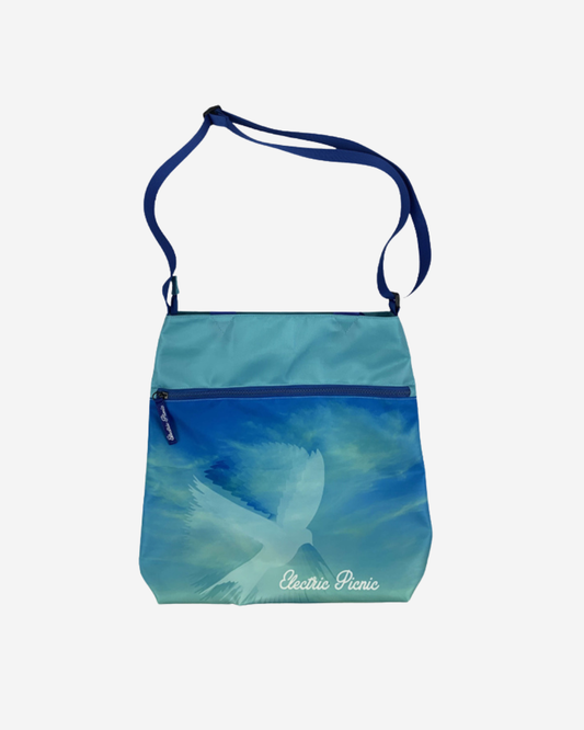 The Electric Picnic Tote Bag by Electric Picnic features an adjustable strap and a white bird flying against a blue, cloudy sky with "Electric Picnic" printed below—a stylish, everyday tote for lifting your mood.